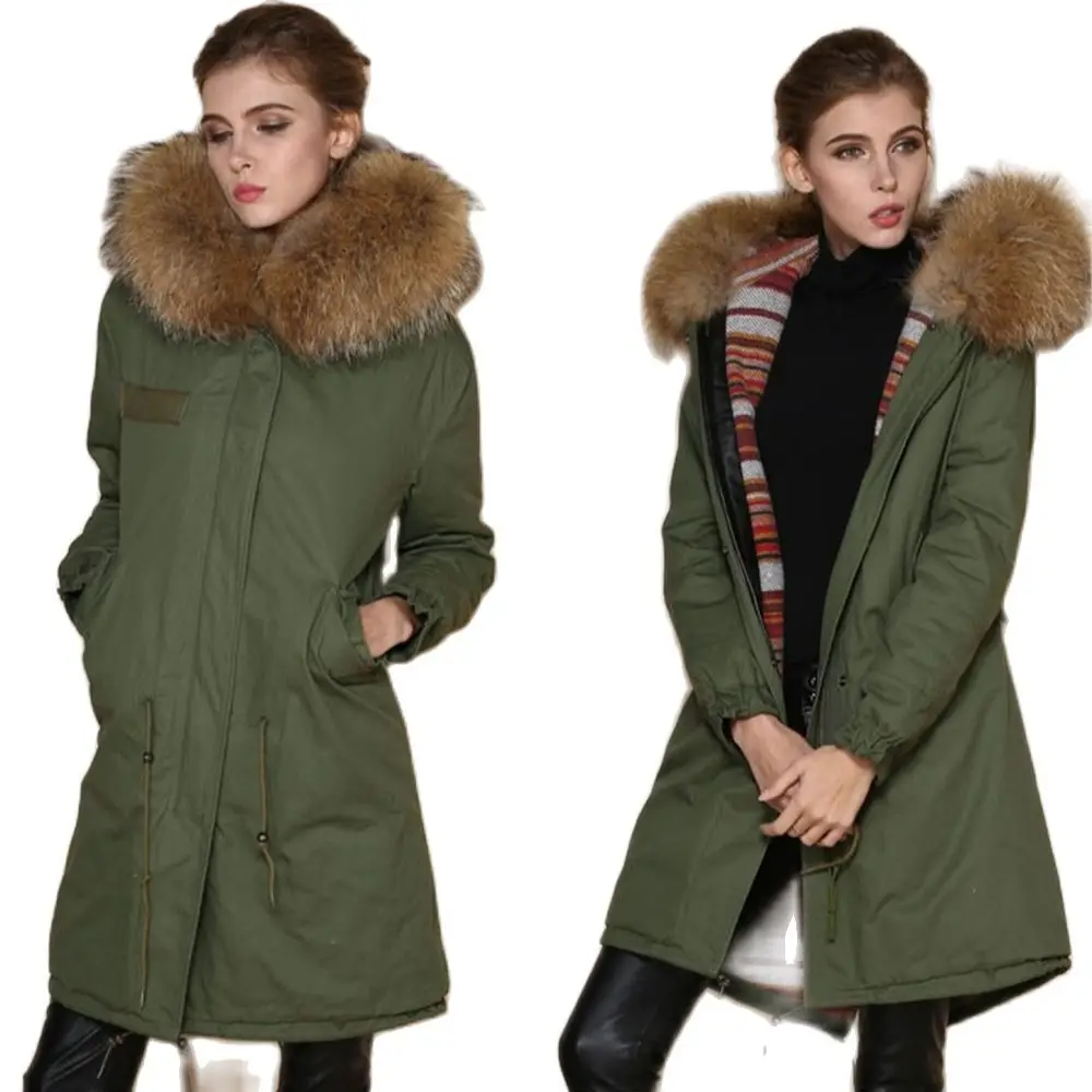 Army Green Long Parka With Red Cashere Lining Winter Warm Fashion Coat Italy Design Wear With Big Collar