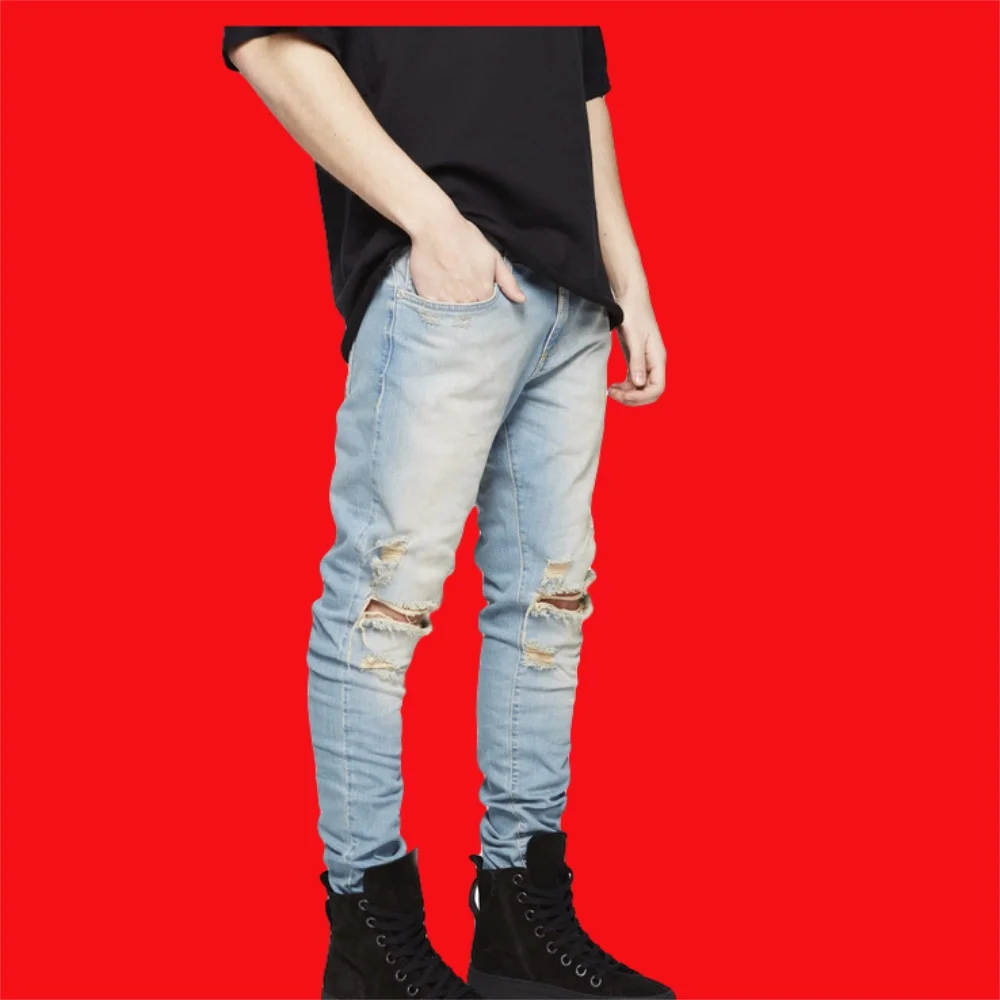 EH·MD® Ripped Knee Jeans Men's Hole Pocket Cotton High-Stretch Skinny Pencil Pants Breathable Thin Comfortable Solid Color 2020