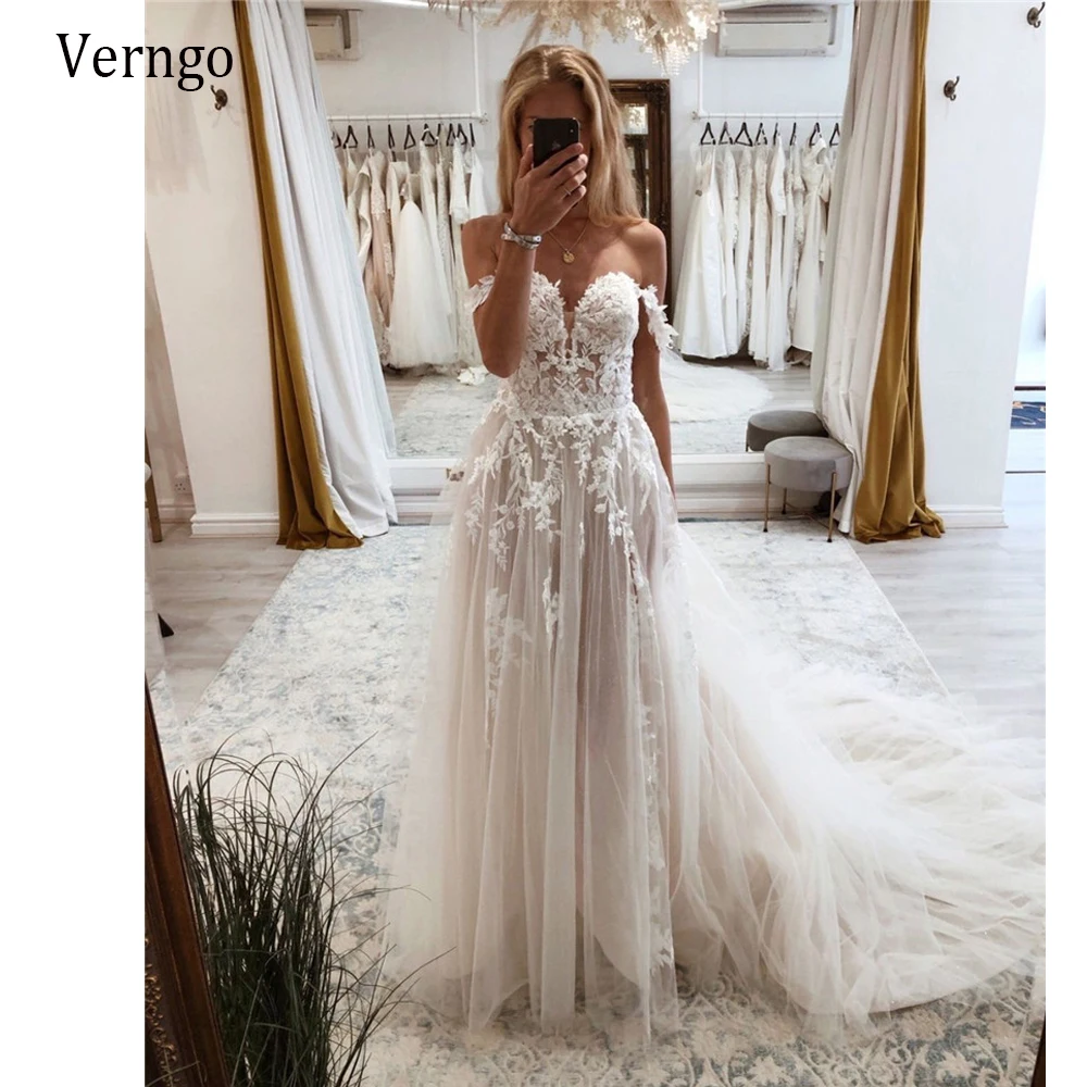 

Verngo 2021 Delicate Lace Applique Tulle A Line Wedding Dress Sexy Off the Shoulder Corset Sweep Train Bridal Gowns Robe Mariage