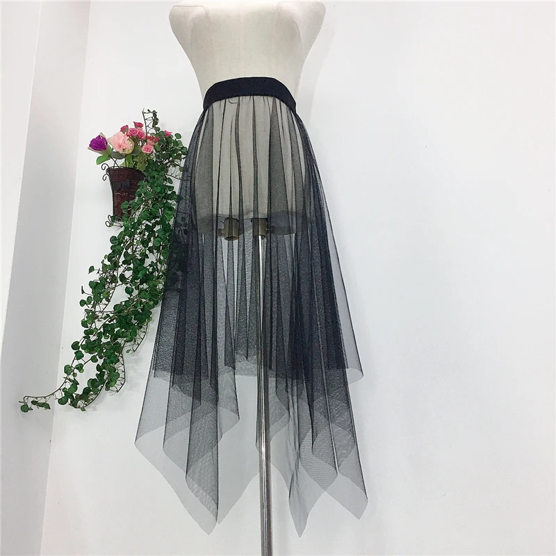 Transparent Sexy Sheer Mesh Pleated Women\'s Skirt Tutu Tulle High Waist Irregular Long Black Skirt For Girls Korean Style Skirts