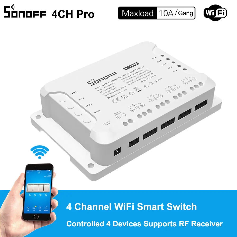Sonoff 4CH Pro R3 10A / Gang 4 Channel Wifi Smart Switch 433 MHZ RF Remote Wifi Lights Switch يدعم 4 أجهزة تعمل مع Alexa