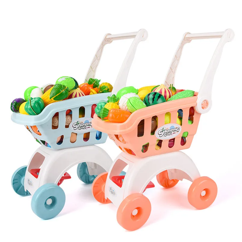 28Pcs/set Kids Large Supermarket Shopping Cart Trolley Push Car Toys Basket Simulation Fruit Food Pretend Play House Girls Toy