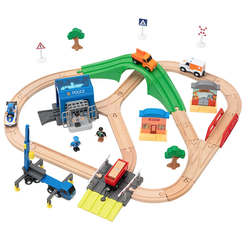 Wooden Railway Train Track Police Station Set Wooden Track Blocks Accessories Fit for Train Toys for Children Gifts