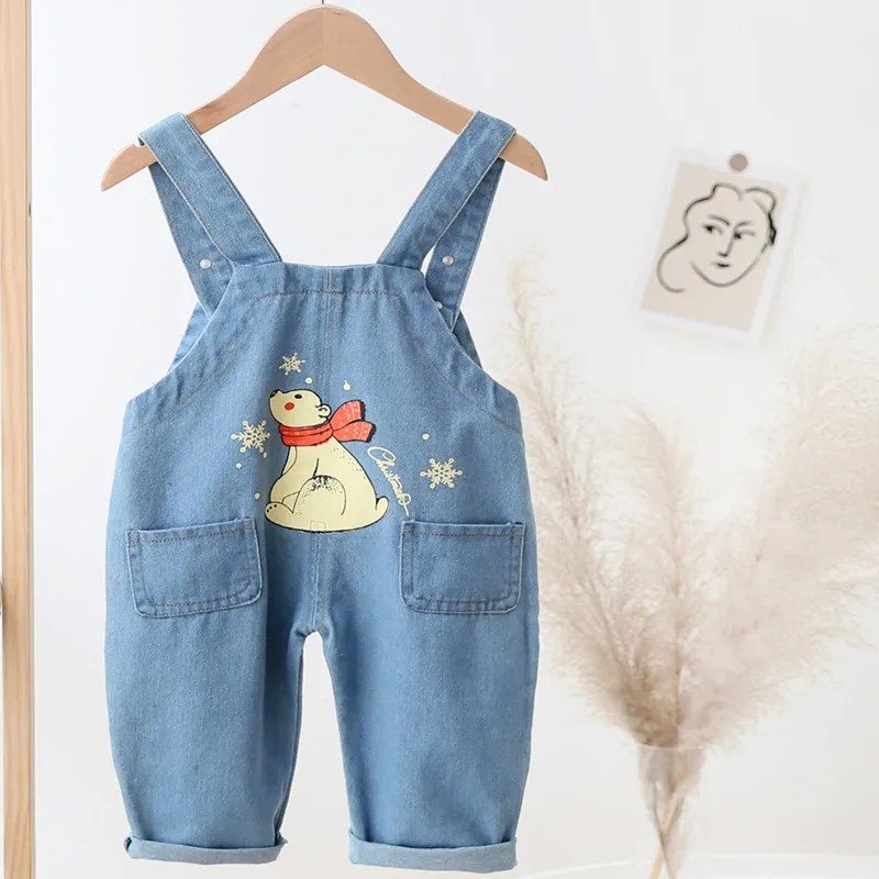 DIIMUU Spring Autumn Pants Baby Boys Girls Overalls Denim Romper Long Trousers Casual Animal Print Infants Boy Dungarees Jeans