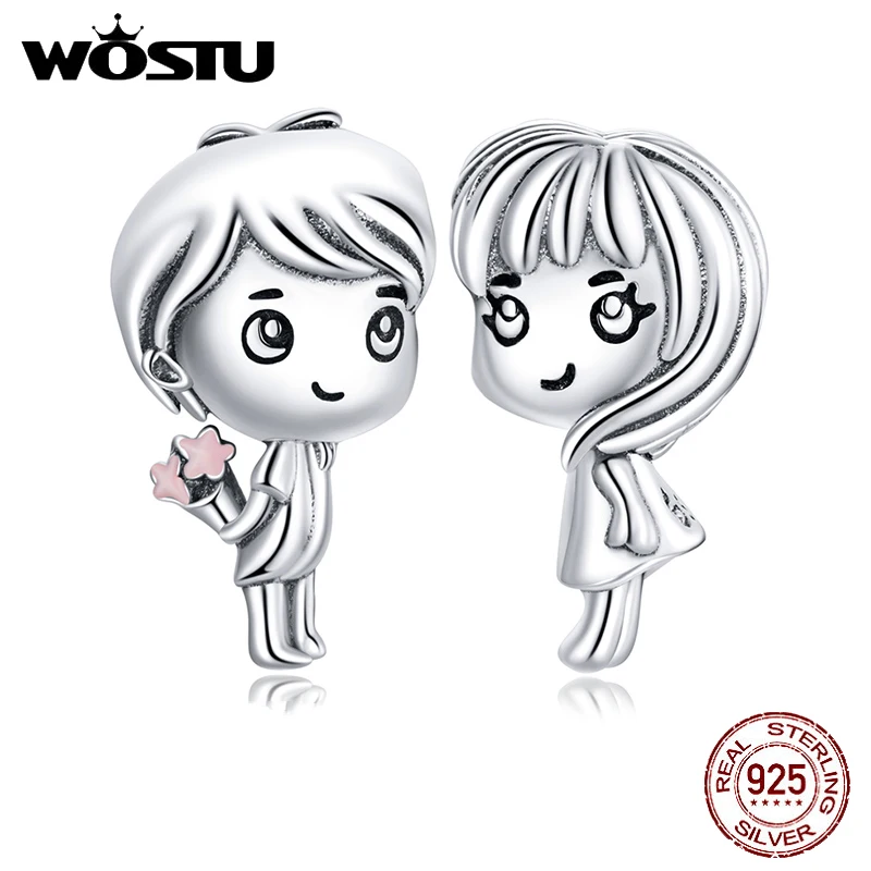 

WOSTU 925 Sterling Silver Boy & Girl Beads Friendship Charms Fit Original Bracelet Pendant Lover Couple Jewelry CTC399