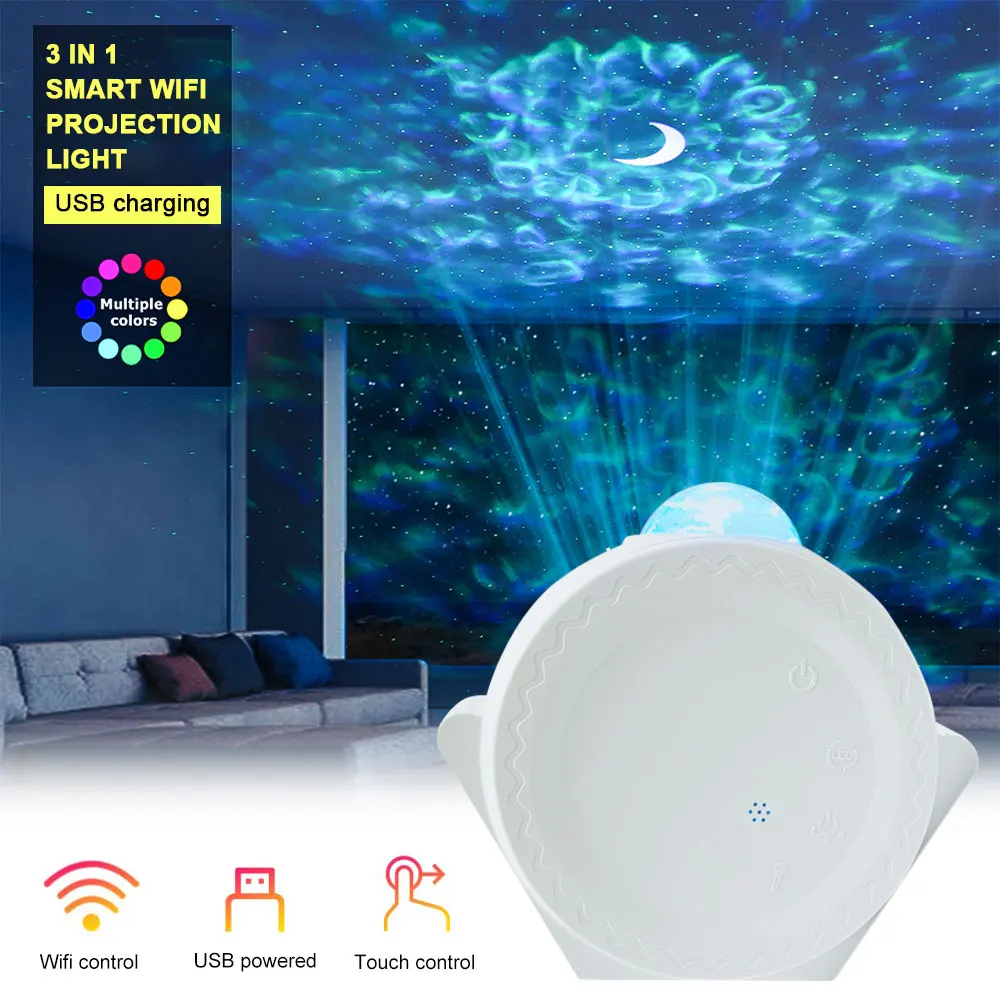 Smart WIFI Starry Sky Projection Light Water Pattern Touch LED Atmosphere Light 360 degree Rotating Night Light For Kid Child