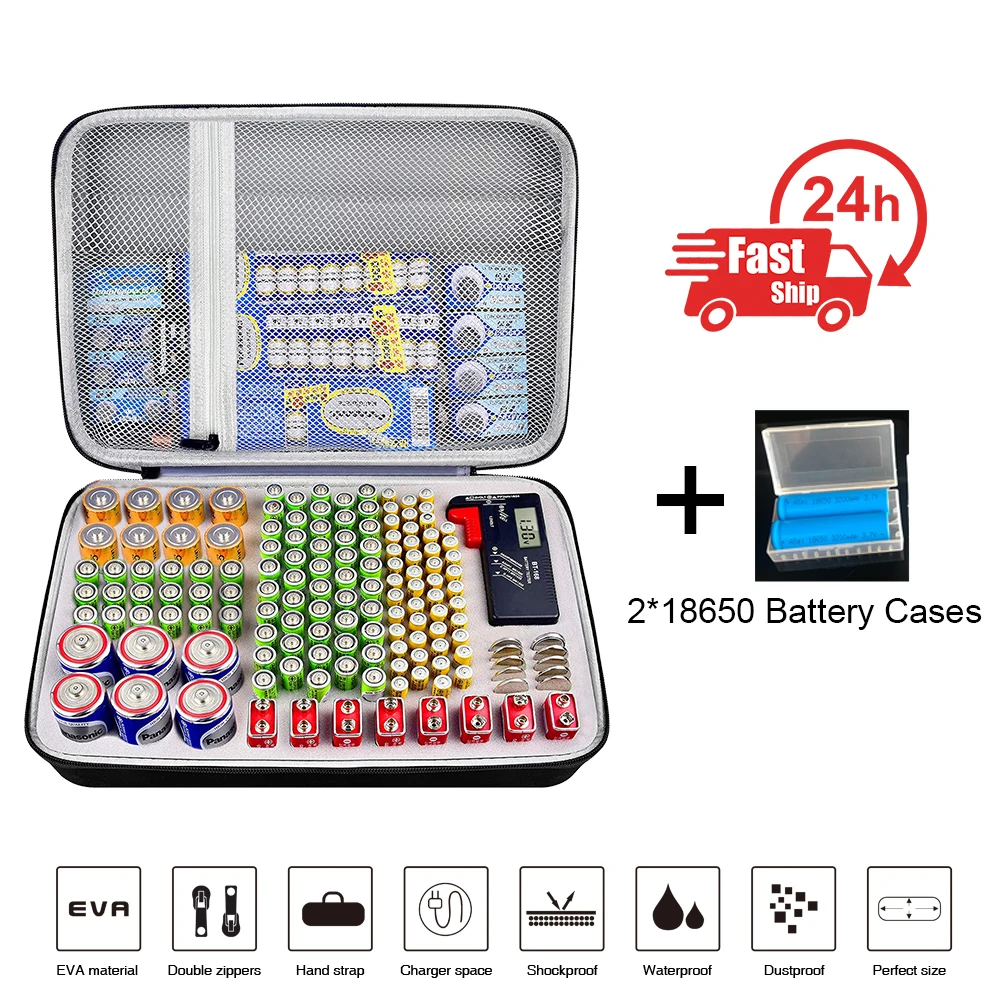 Newest Hard EVA Portable Storage Box Case For AA/AAA/C/D/9V Battery Organizer Container Battery Tester Extra Space For Charger