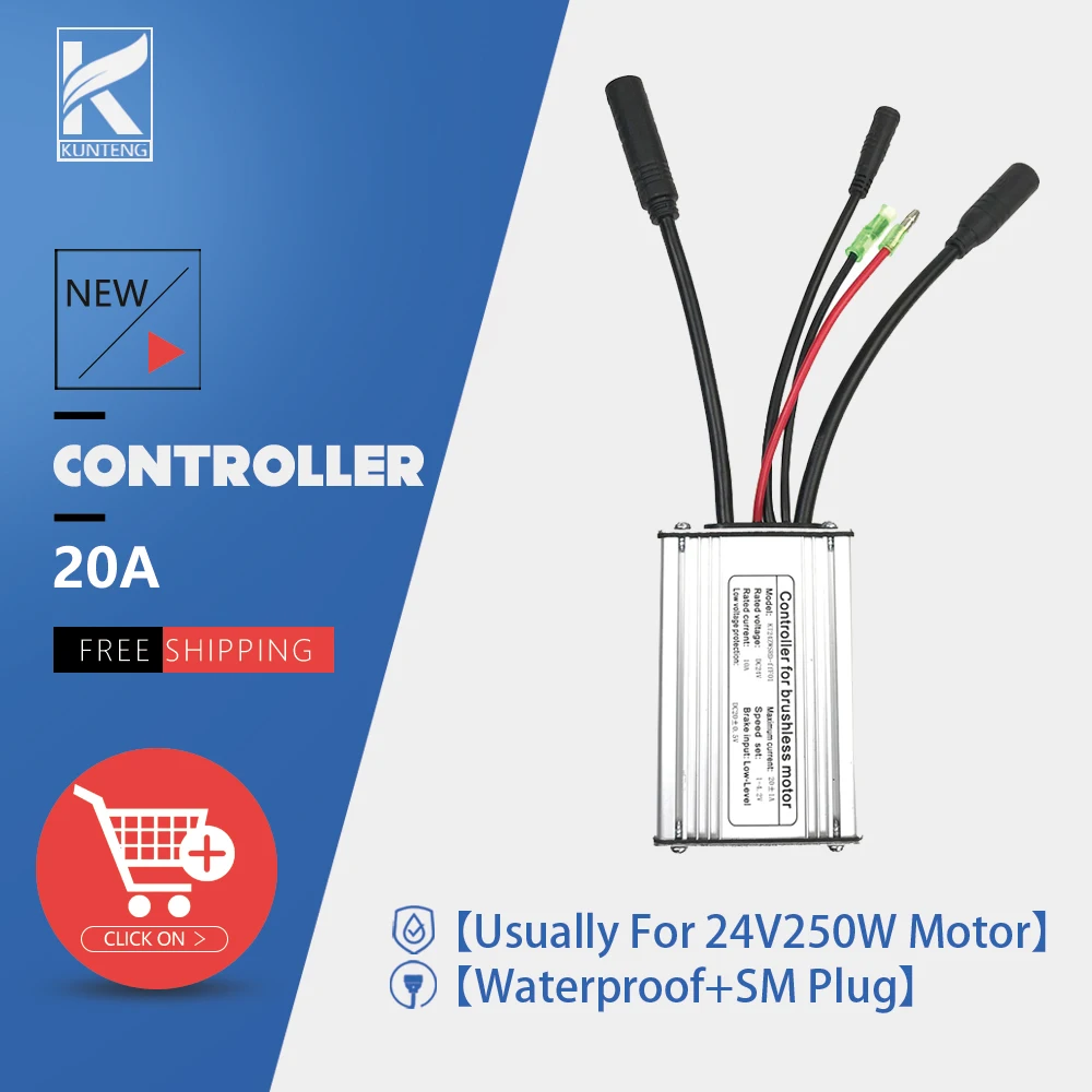 KUNTENG-Electric Bicycle Wheel Kit, Brushless E-bike Controller, Square Wave, 6 Mosfet, 24V, 250W, 20A