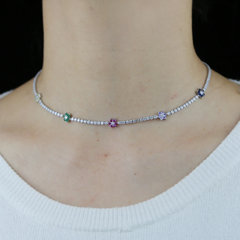 2025 Spring Colorful Rainbow Cubic Zirconia CZ Flower Charm Thin CZ Tennis Chain 32+10CM Fashion Women Choker Necklace