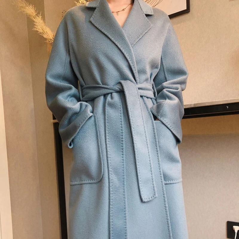 

2021 Water Ripple Double-Sided 100% Wool Long Coat Women Cashmere Turn-Down Collar Belt Bathrobe Style Solid Color Warm Overcoat