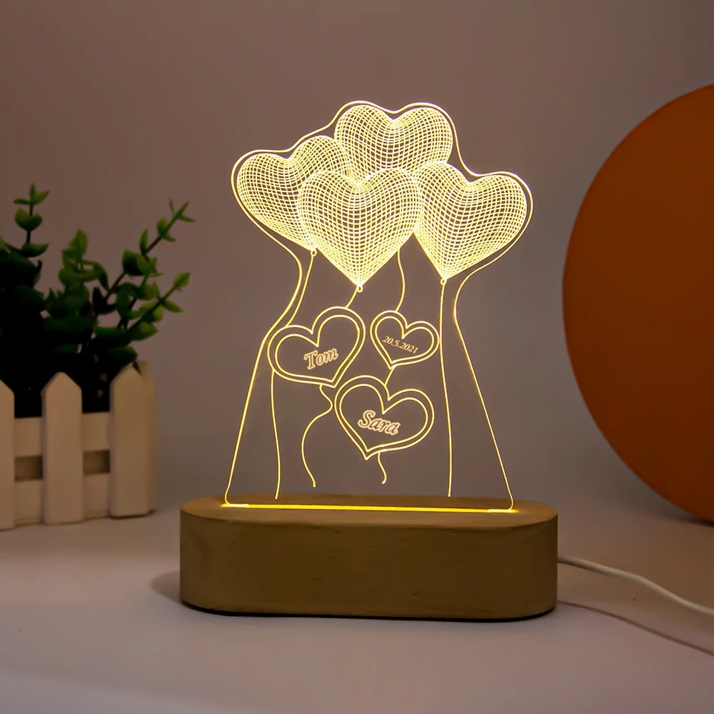 Drop Shipping Personalized Name Date 3D Illusion NightLight USB LED Wood Base Acrylic Lamp Home Decor Unique Mother's Day Gift