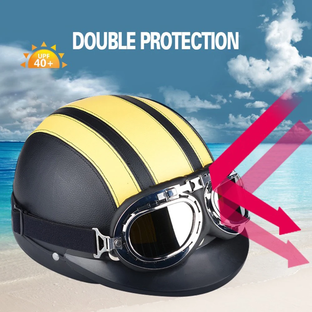 Unisex Black Yellow White Motorcycle Retro Locomotive Bike Scooter Helmet Half-Covered Half Helmet With goggles