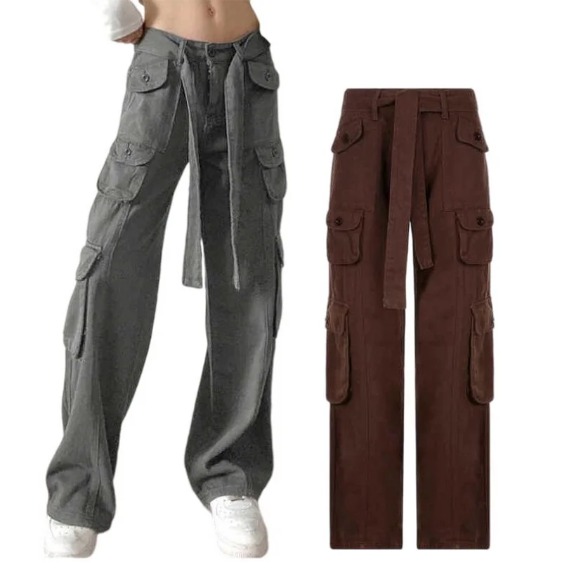 Women Retro Street Casual Pants Women's Mid-Waist Large Pockets washed Straight-Leg Denim Pant