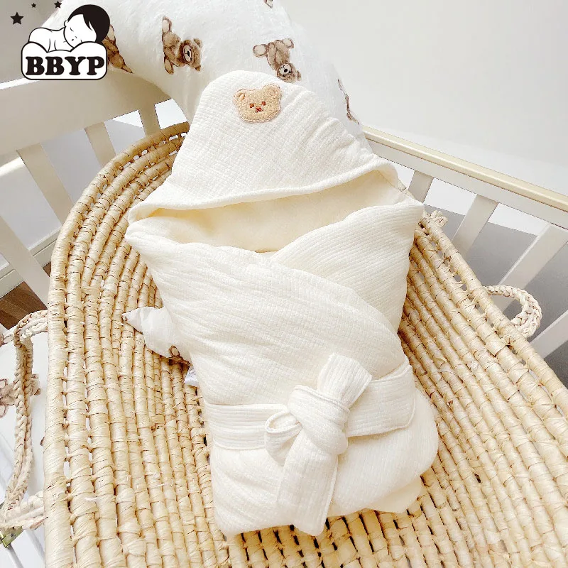 Embroidery Bear Infant Soft Blanket Bathing Swaddle Newborn Anti-Kick Wrap Children Stroller Windproof Blanket Organic Cotton