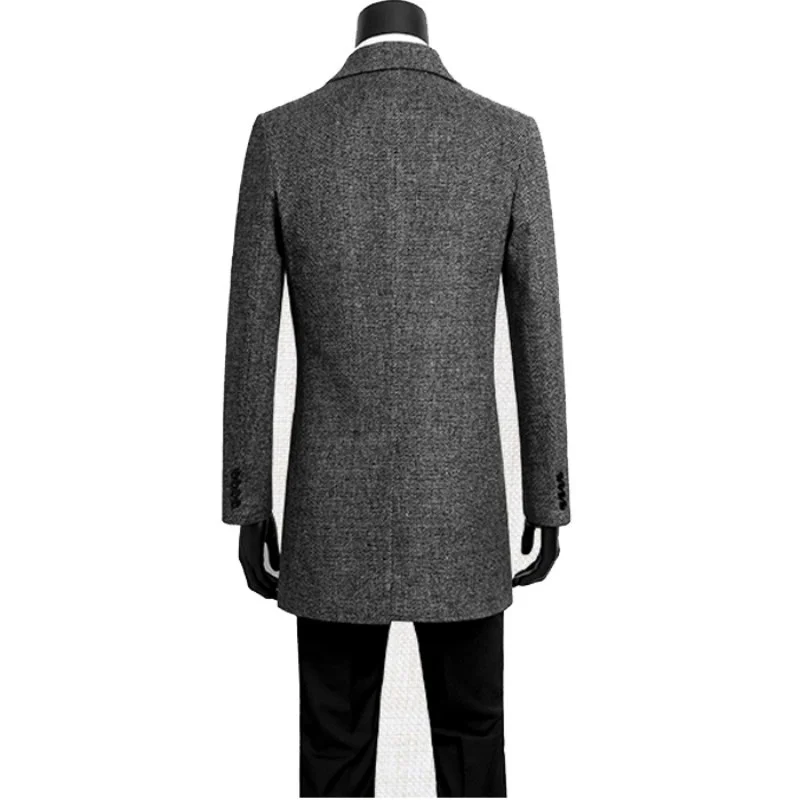 Mens Brand Medium Long Wool Blend Overcoat Slim Single Breasted Business Coat Autumn Winter Offie Black Woolen Formal Jackets