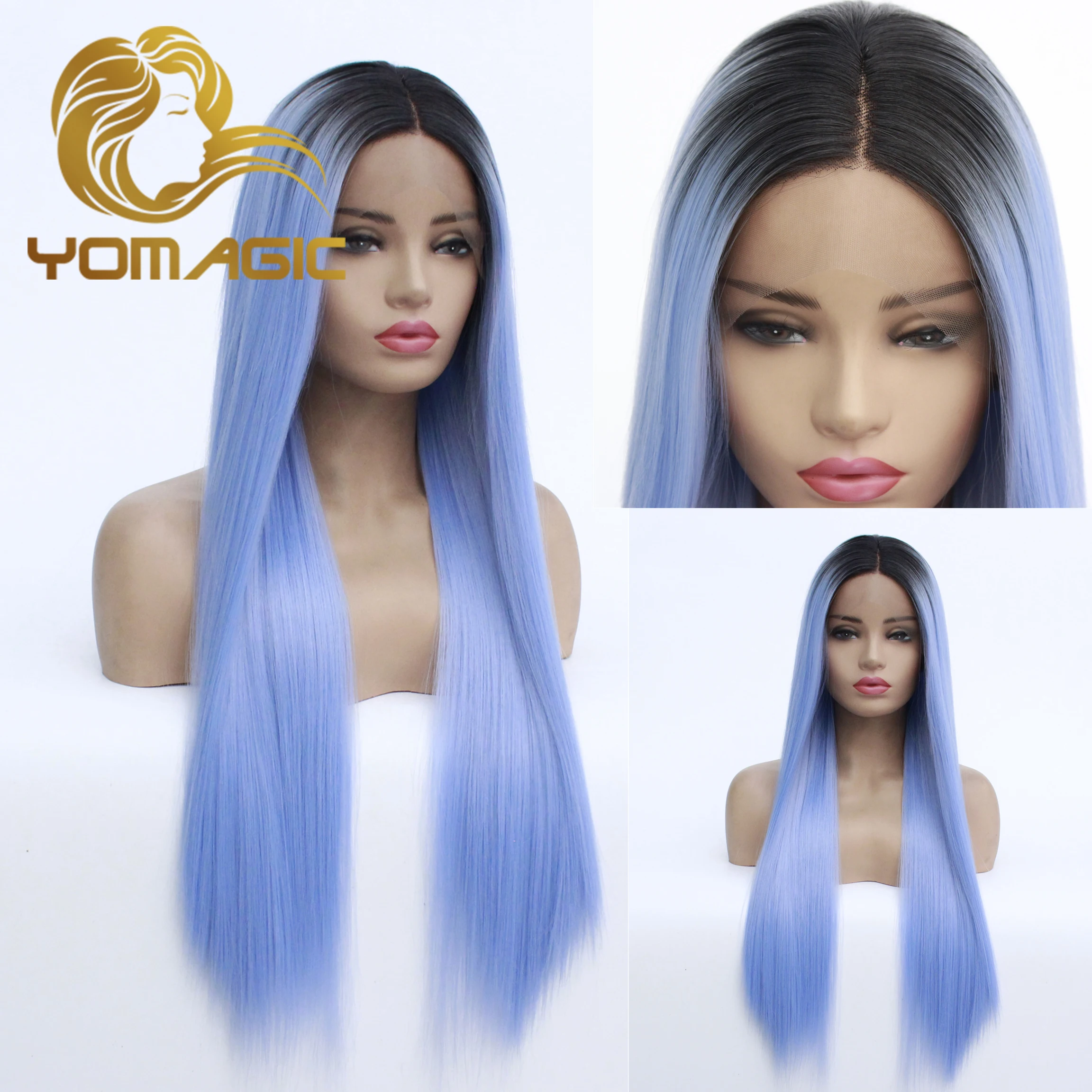 Yomagic Ombre Blue Synthetic 13X3 Lace Front Wigs With Baby Hair 1B Blue Straight Heat Resistant Lace Wigs For Women