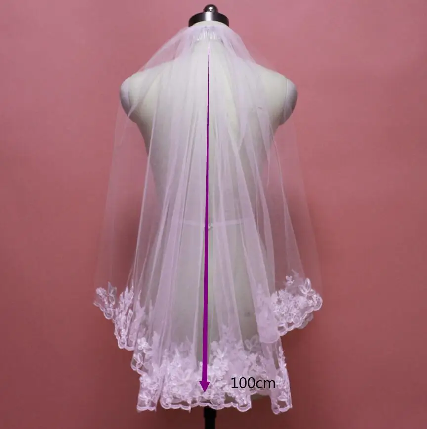 Echte Foto Korte Kant Wedding Veil Voor Bruid Elleboog 1 Meter /100Cm Wit Ivoor Bridal Veil Met Kam bruiloft Accessoires