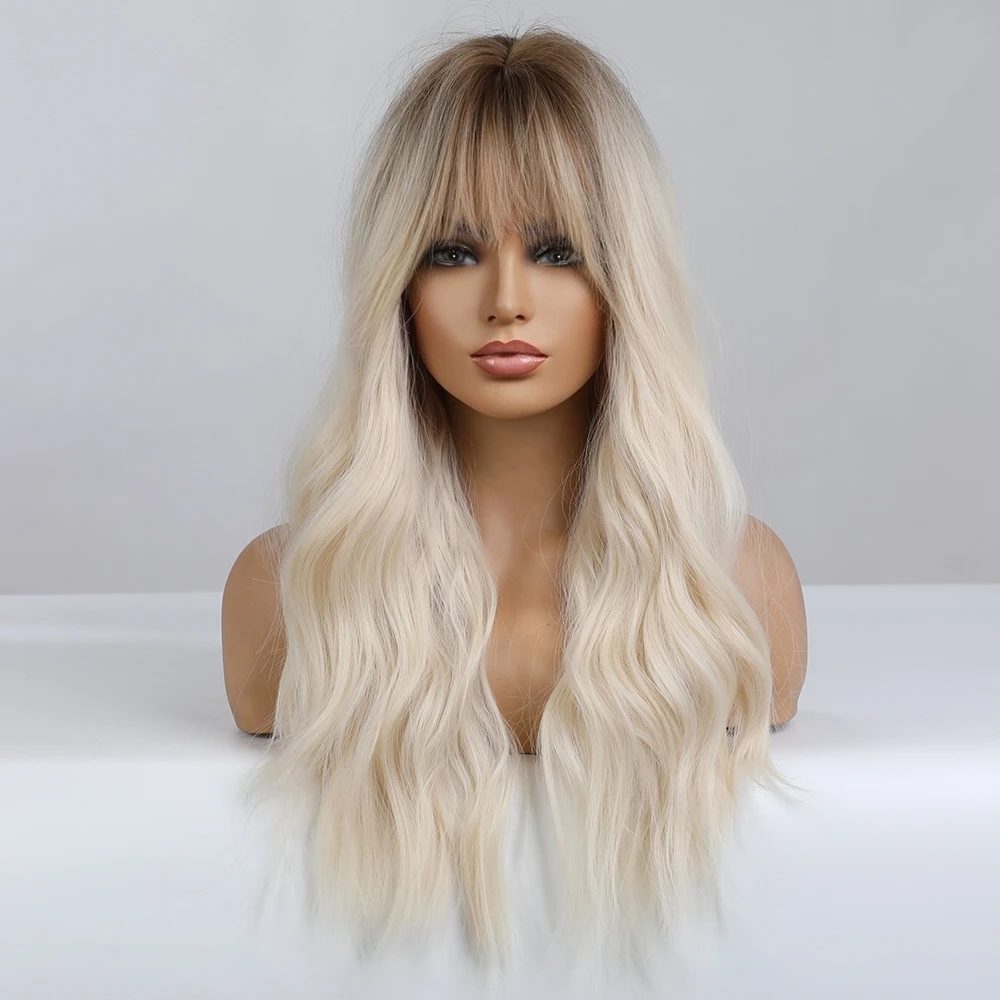 Emmor  Synthetic Ombre Blonde Platinum Wigs for Women with Bangs Long Wavy Wig Party Daily Heat Resistant Fibre Hair Wigs