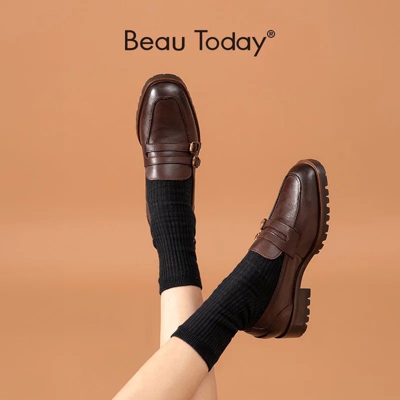 

BeauToday Loafers Women Genuine Cow Leather Buckle Polished Square Toe Thick Sole Slip-On Fashion Lady Flats Handmade 27408