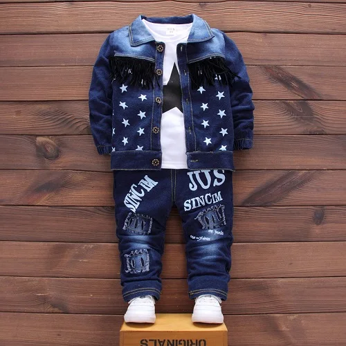 Kids New Denim Jacket Boys Coat Toddler Sport Clothes Suit Clothing Set Cotton Jeans Coat T-shirt Pants Star Tracksuit Children