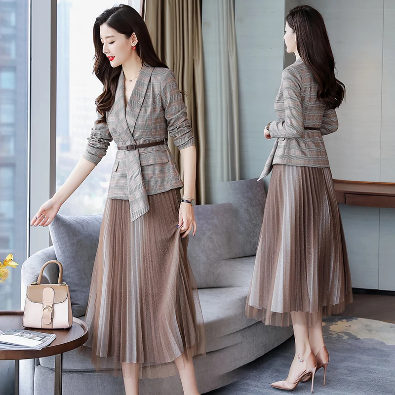 Retro geruite blazer set voor dames, riemjack en geplooide rok, vrouwelijk kantoorpak, lente, herfst, nieuw, 2 stuks