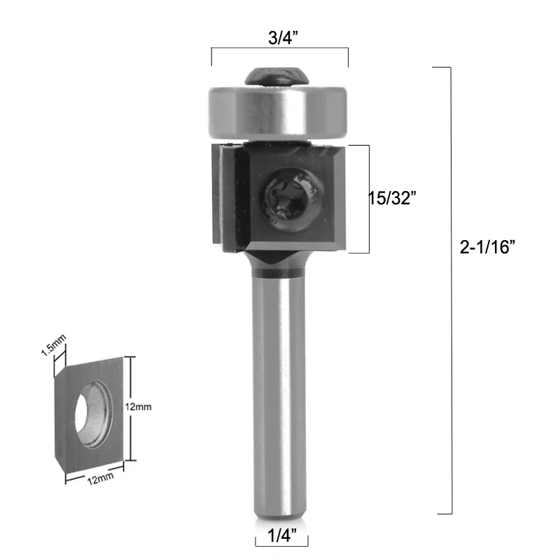 1 pc Insert Style Solid Carbide Flush Trim 3/4 Dia x 12mm (15/32) x 1/4 Router Bit Milling Cutter for Wood Working Spolidboard