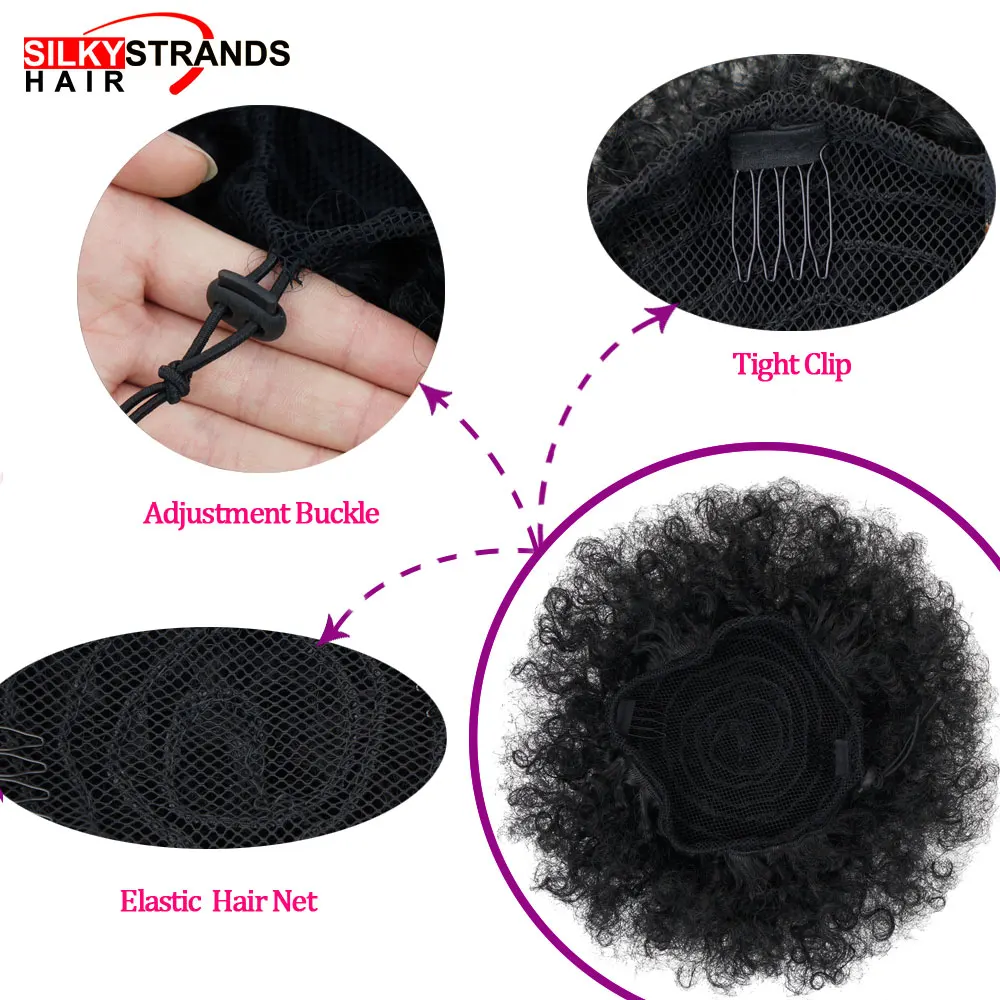 Chignon Afro-américain à cordon de serrage, postiche à Chignon, crépu et bouclé, noir et soyeux