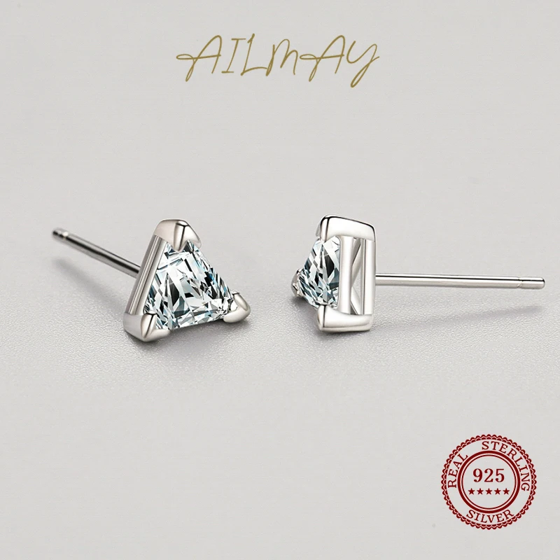 Ailmay Top Quality Real 925 Sterling Silver Simple Triangle Stud Earrings For Women Dazzling Clear Zircon Fine Jewelry