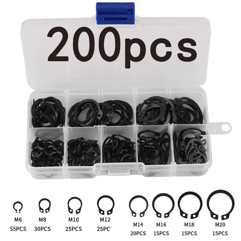 

200Pcs C-clip Washers Internal External Retaining Circlips Gasket Snap Retaining Ring M6/8/10/12/14/16/18/20 Carbon Steel Kit