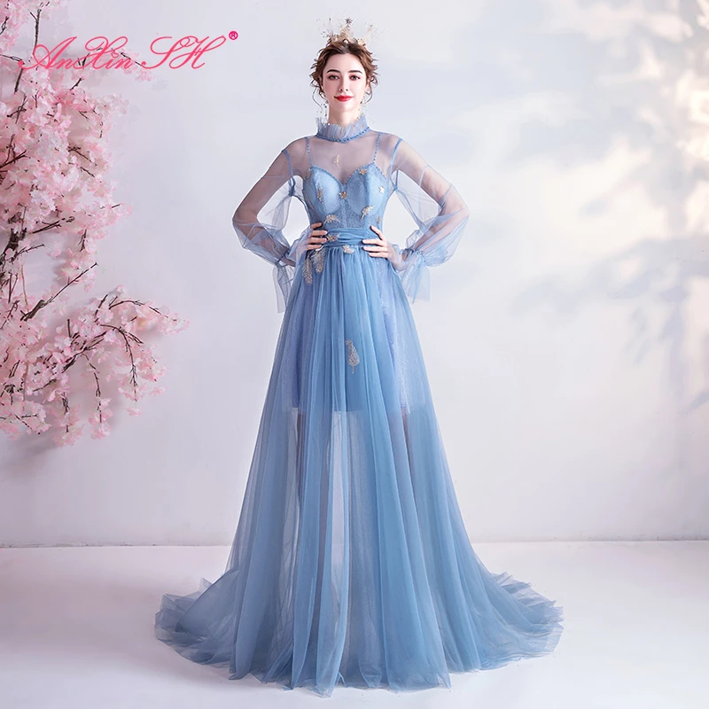 

AnXin SH princess Sweet Fairy Blue lace Bride high neck Salute Dinner illusion ruffles flower Party Birthday evening Dress 1286