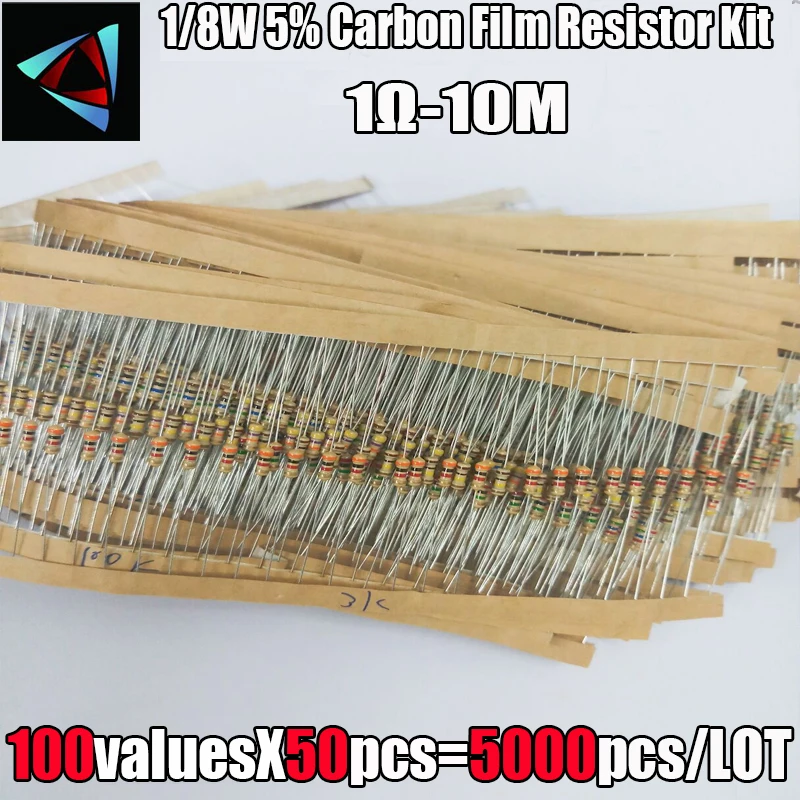 1/8W 5% 1R ~ 1M 100Valuesx50Pcs = 5000 sztuk 0.125W węgla rezystor z folii wybrane elementy