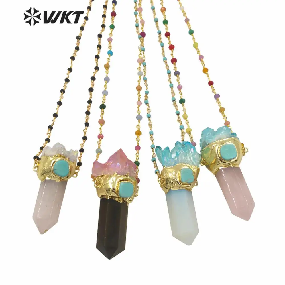 

WT-N1255 Amazing Female Stone Necklace Unique Gold Plated Big Chunky Spirit Point Pendant Druzy Cluster Quartz Point Necklace