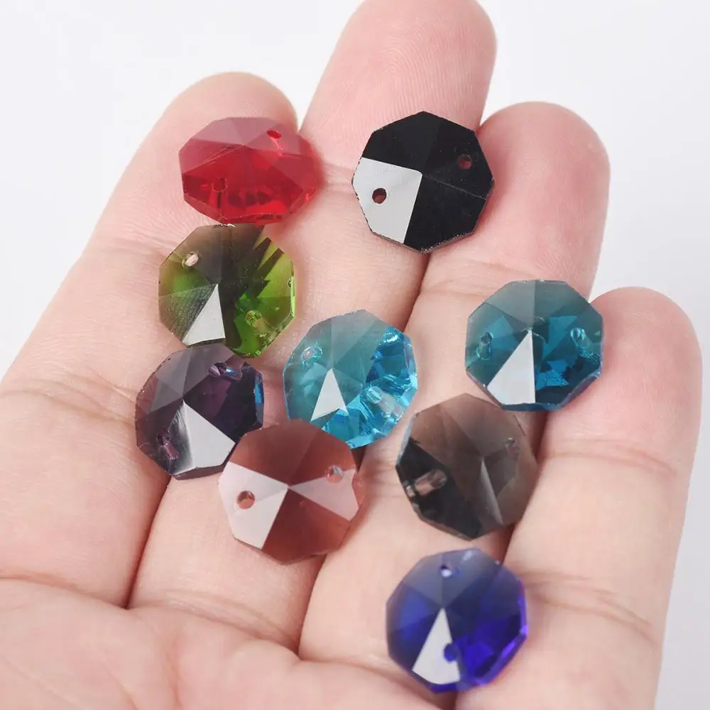 10pcs 14mm 2 Holes Octagon Prism Faceted Crystal Glass Loose Connector Pendant Beads for Jewelry Making DIY Crafts Curtain