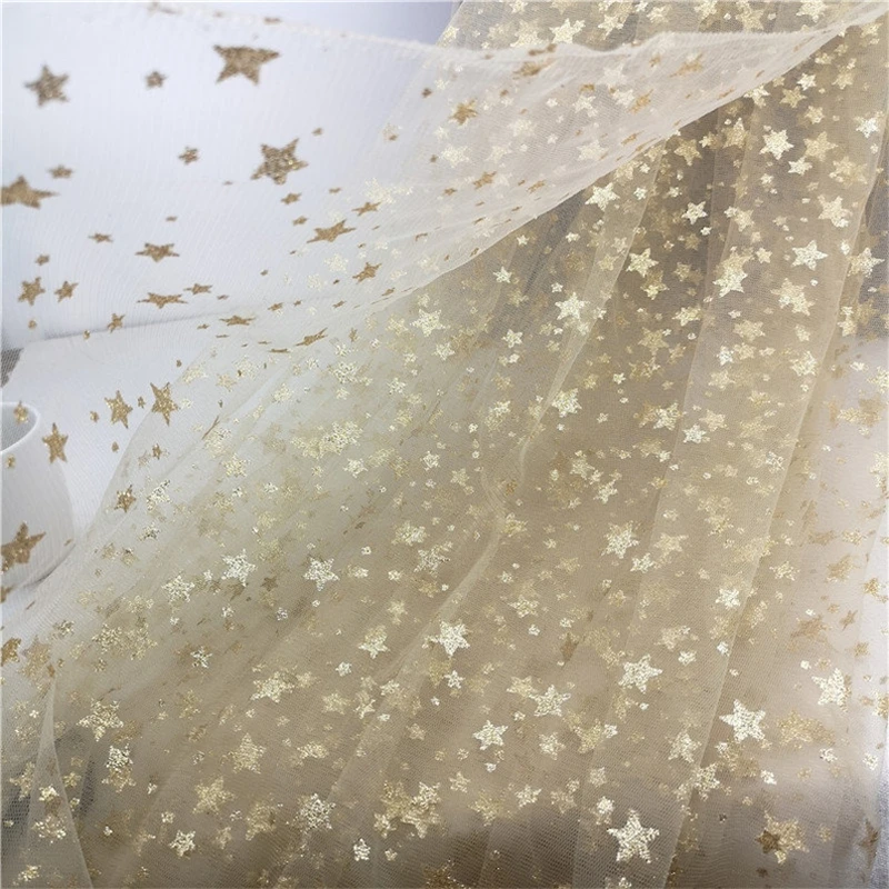 Print Gold Small Stars Tulle Lace Fabric Glitter Mesh for Party Dress, Tutu Dress, Evening Ball Gown, Veil suply