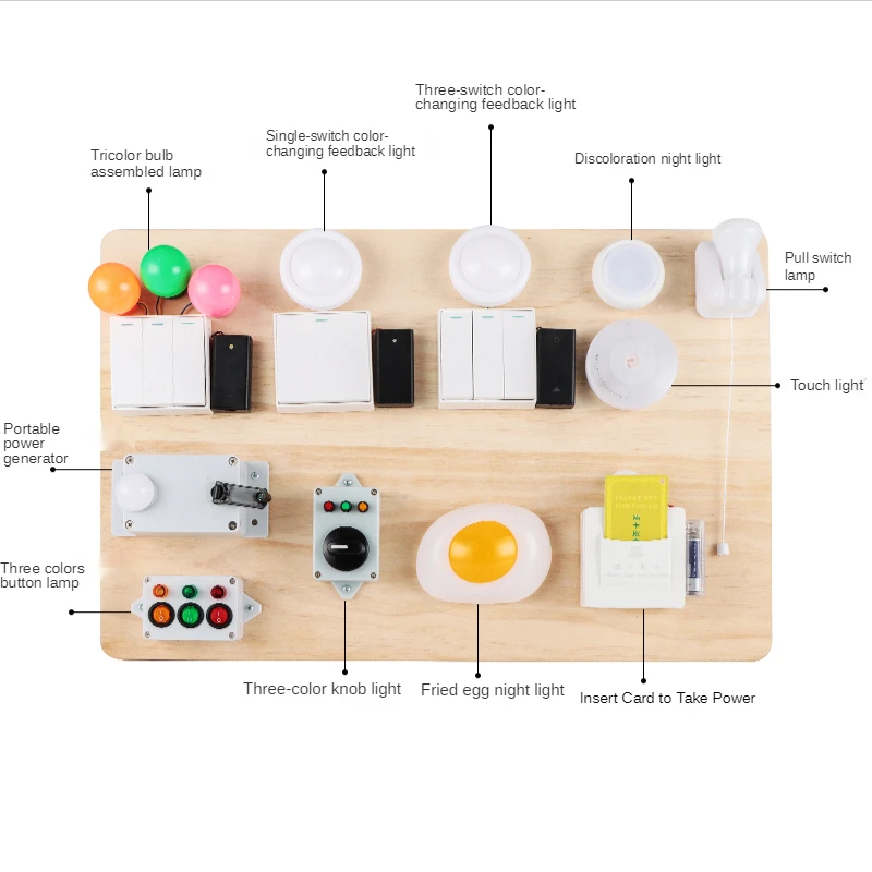 Busyboard DIY Phụ Kiện Tricolour Lược Điện Đèn Nút Khóa Vợt Tay Cranking Montessori Bận Rộn Ban Vật Liệu