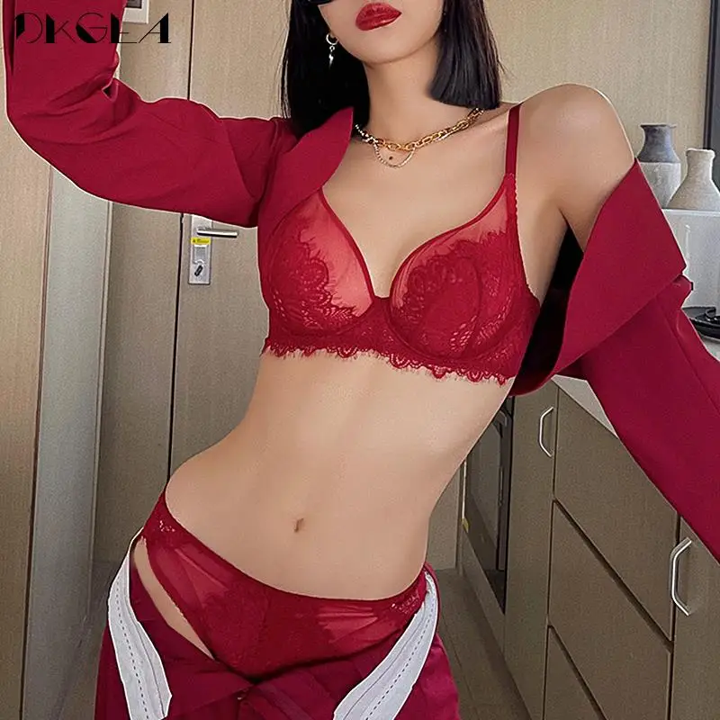 Top Sexy Bra Set Lace Burgundy Transparent Brassiere 3/4 Cup Embroidery Underwear Sets Ultrathin Bras Brand Women Lingerie New