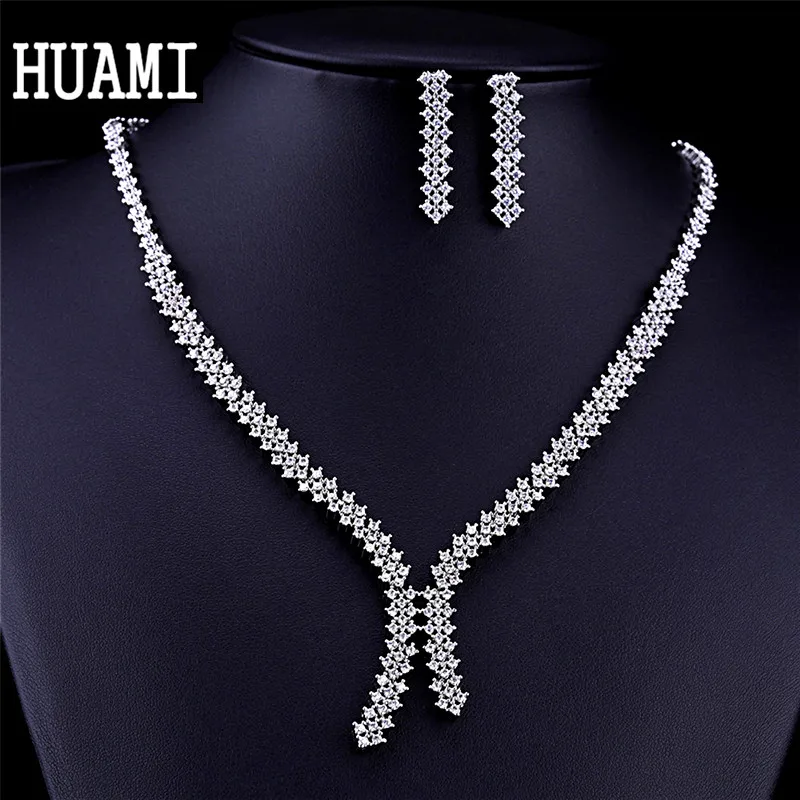 HUAMI Fashion Drop Earrings and Necklace Jewelry Sets Bridal Wedding Engagement Silver Color Joyeria Fina Para Mujer Luxury