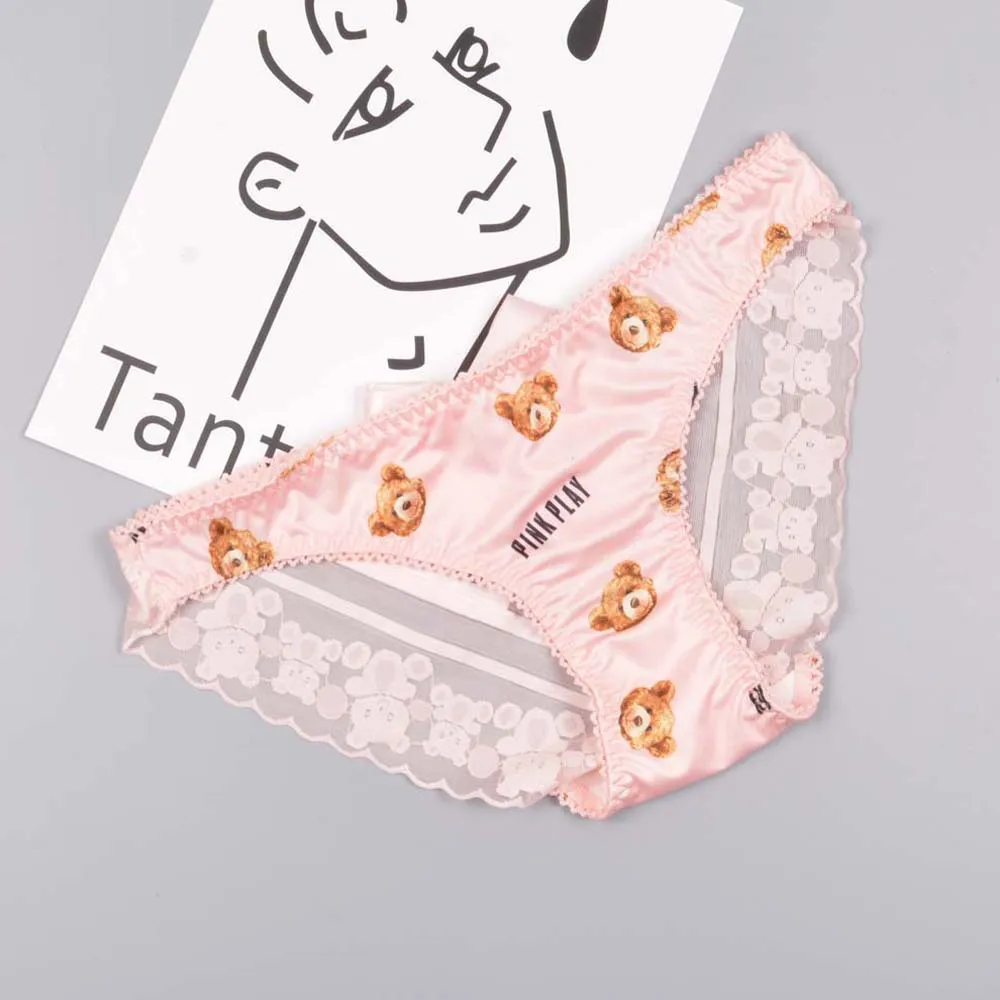 Bragas de oso de cintura baja para mujer, lencería Kawaii con volantes, ropa interior de seda de leche, ropa interior femenina