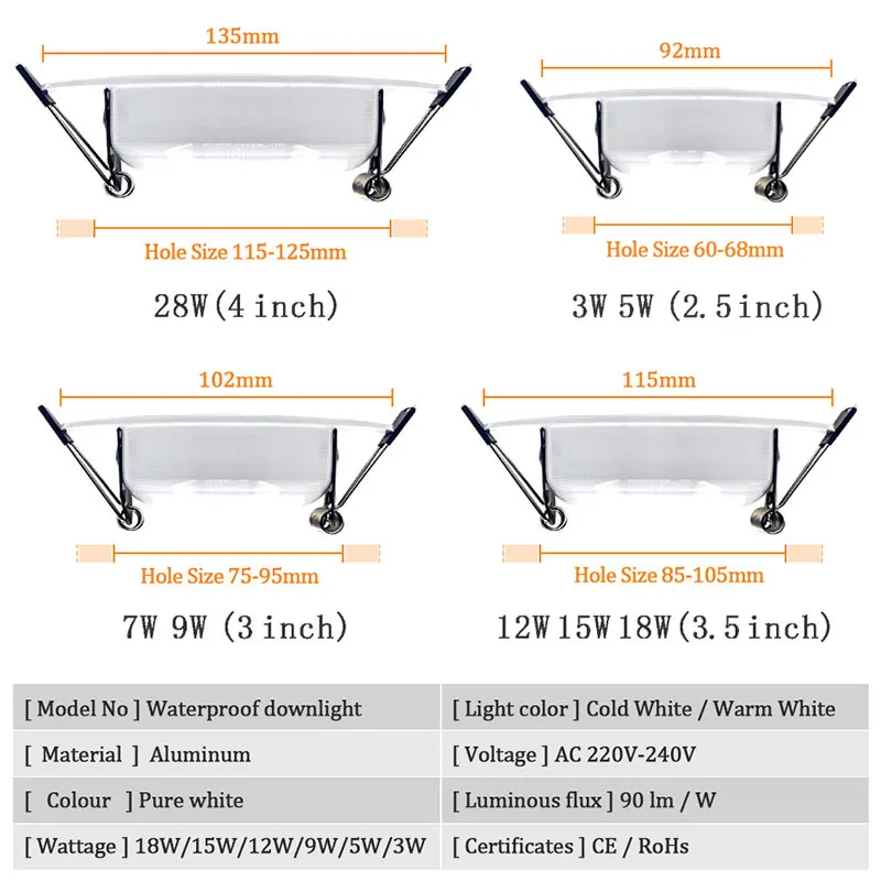 4Pcs Waterproof LED Downlight Dimmable 9W 12W 15W 18W 7W Recessed Spot Light Ceiling Lamp Home Lighting AC220V 230V for Bathroom