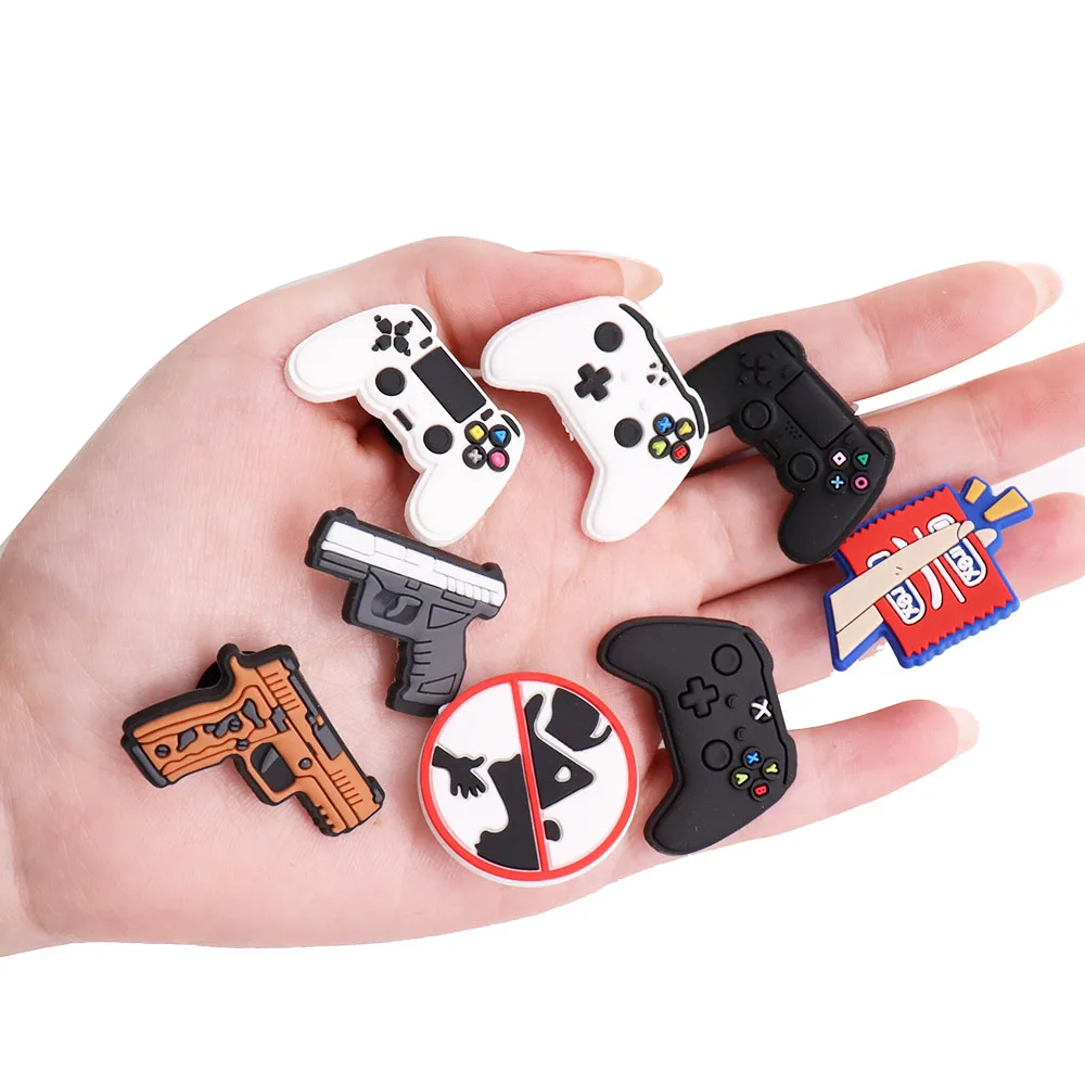 Single Sale 1PCS PVC Cute Cartoon Shoe Charms Kawaii Gamepad Gun Pistol Buckle Slipper Accessories Decorations Holiday Present