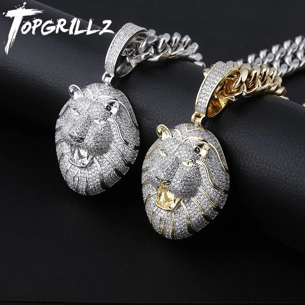 

TOPGRILLZ Gold Silver Color Iced Cubic Zirconia Animal Lion Pendant Necklace Men's Ladies Hip Hop Jewelry Gift