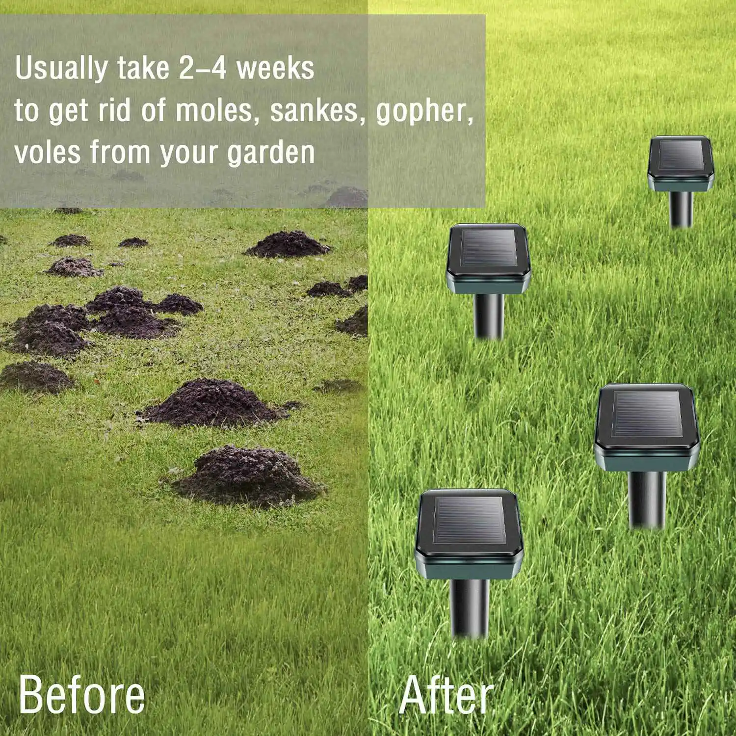 Mole Repellent, 4 Pack Ultrasonic Animal Repellent Solar Powered Gopher and Vole Chaser Humane Rodent Repellent