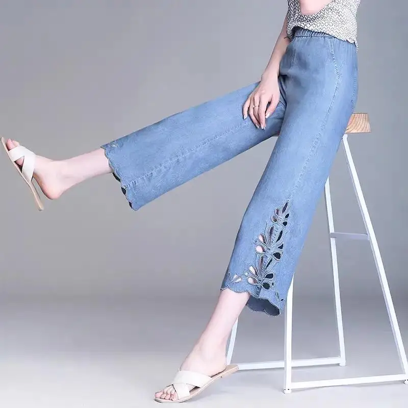 2023 Summer Autumn New Micro Horn Women\'s Leg Pants Ladies Denim Cropped Pants High Waist Drape Hollow Fashion Blue Jeans