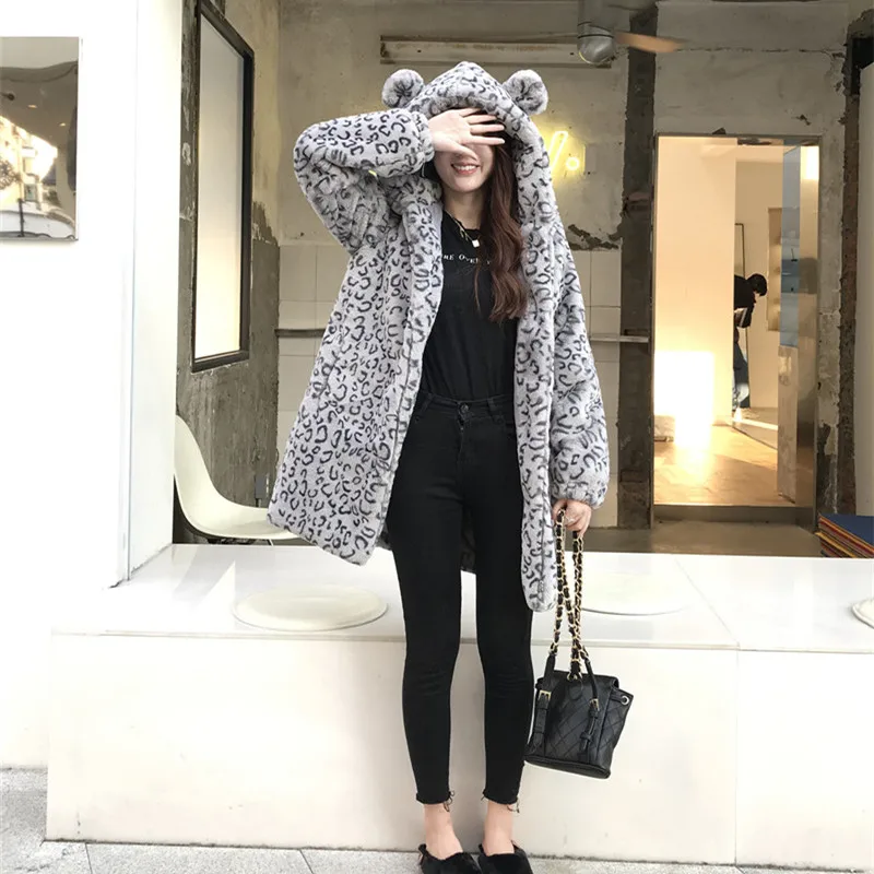 Korean Fashion Winter Thick Warm Gray Leopard Hooded Faux Fur Coat Women Long Overcoat Casual Loose Coath Fur Jacket Female