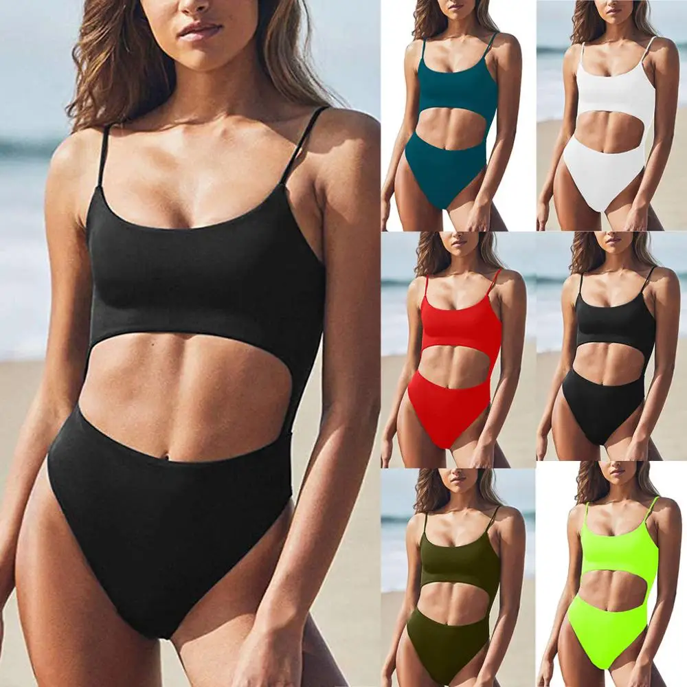 Bikini ahuecado para mujer, traje de baño de una pieza con sujetador acolchado, Push-Up, 2021