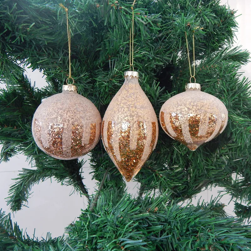 

8pcs/pack Middle Size Gold Chips Mini Beads Stick Glass Pendant Christmas Tree Hanging Globe Onion Cone Handmade Festival Hanger