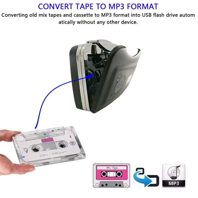 เครื่องเล่นเทปคาสเซ็ทบันทึกแบบพกพาเทปเสียง MP3 Converter รูปแบบ USB Flash Drive