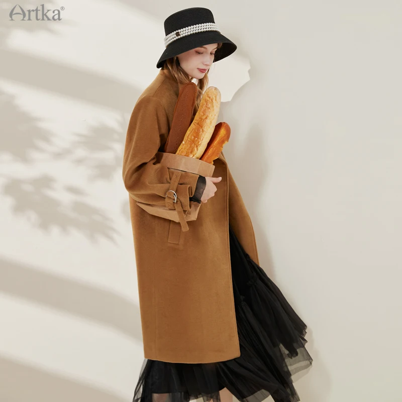 

ARTKA 2021 Winter New Fashion Simple Woolen Coat Women Long Loose Thicken Woolen Outerwear With Genuine Leather Belt FA25011D