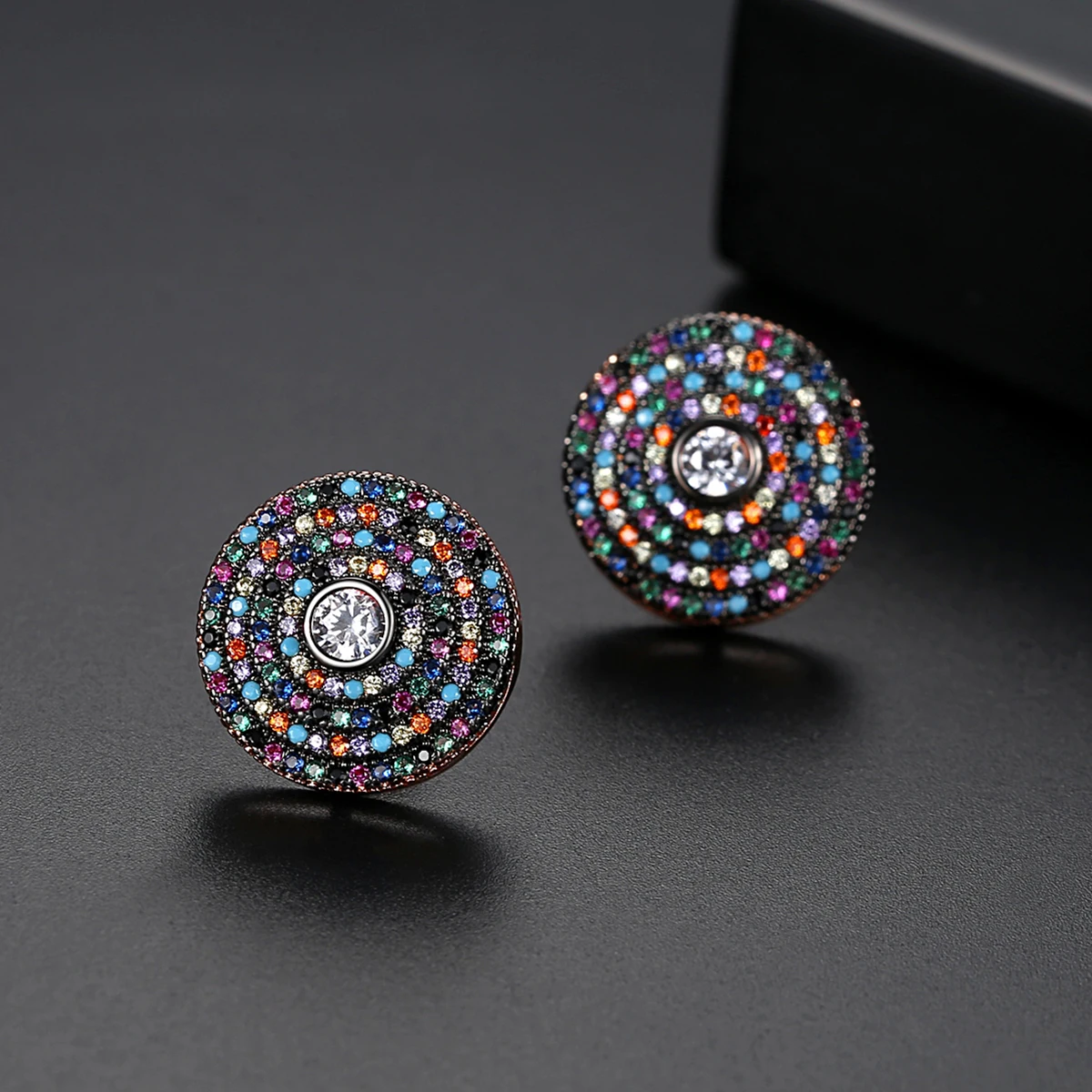 LUOTEEMI Retro Colorful Round Stud Earrings for Women Gothic AAA Rainbow Cubic Zircon Double Color Chic Fashion Christmas Gift