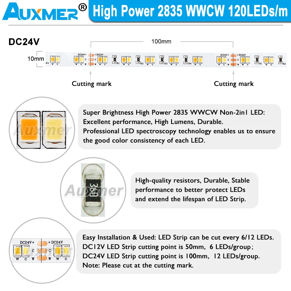 High Power 2835 WWCW LED Strip Lights,120LEDs/m,IP20,CRI95/90,19.2W 28.8W/m,CCT Color temperature adjustable LED,DC12/24V